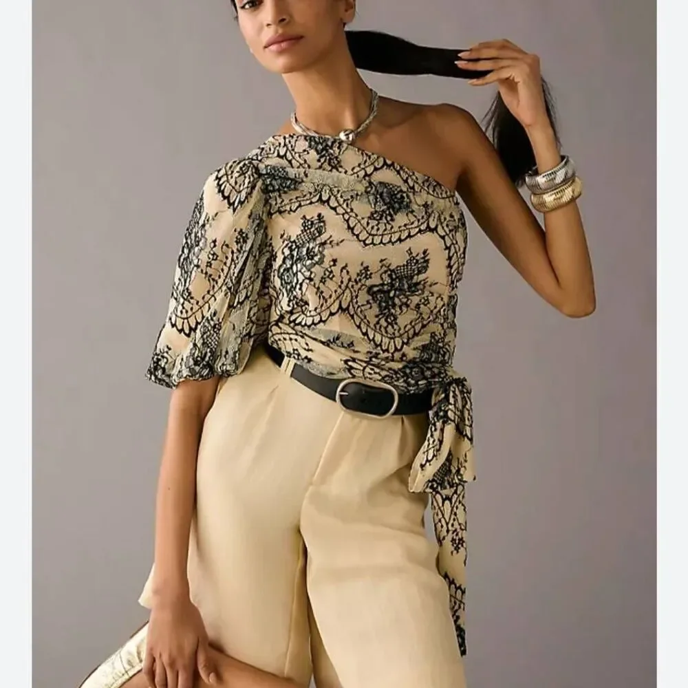 Anthropologie Dolan One-Shoulder Lace Top - Picture 1 of 11